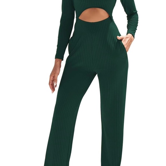 Fixmatti Womens Ribbed Wide Leg Jumpsuit Scoop Neck Long Sleeve Cutout Waist - Picture 2 of 8